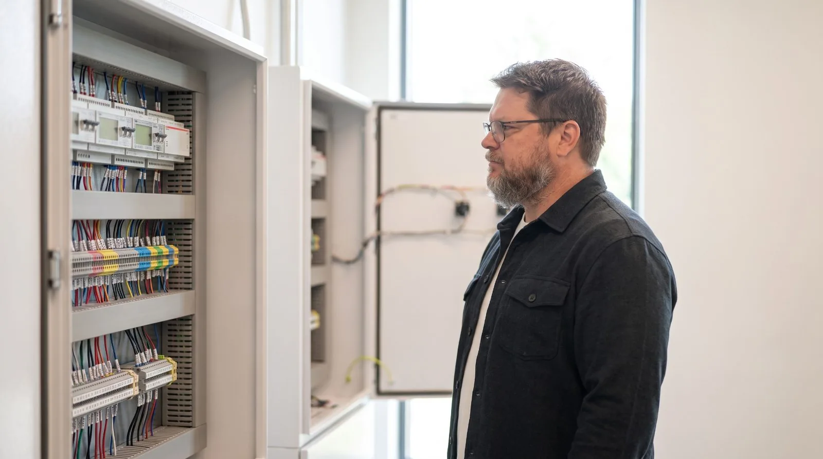 Jeremy Houck looking at a row of open building-automation electrical control panels